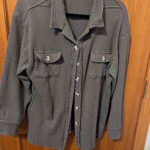 Women's Gray Waffle Knit Button Down
